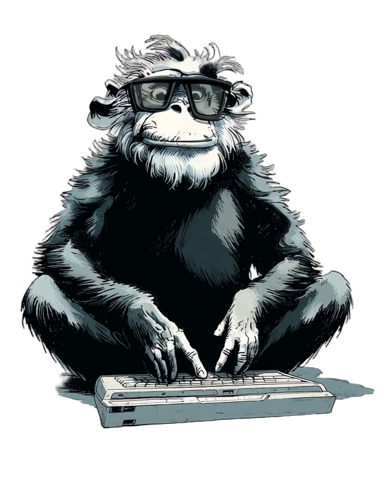 Bonobo with glasses typing on a keyboard
